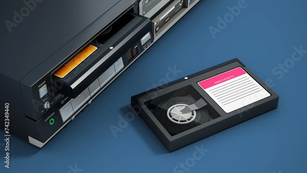 Fototapeta Vintage videocassette recorder and video cassette isolated on blue background. 3D illustration