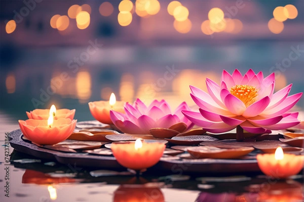 Obraz Floating lanterns and candles light up the night sky during the Loy Kratom festival.
