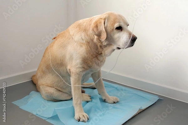 Fototapeta Old sad yellow labrador retriever sitting on the floor and getting hypodermic drip infusion for dog with kidney failure. Concept of illness and veterinary clinic. 