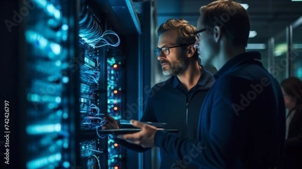 Fototapeta Two professionals configure a server in a data center with network cables and equipment illuminated in blue.