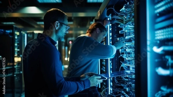 Obraz Two IT engineers in glasses work in a server room, monitoring and maintaining data center systems.