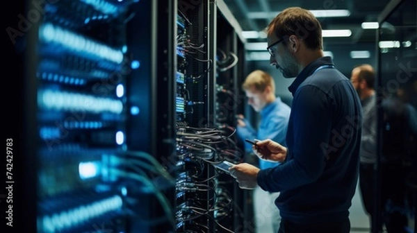 Obraz Network engineers maintaining servers in a data center, showcasing teamwork, technology, and connectivity.
