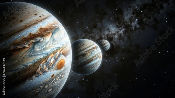 Fototapeta the interaction between Jupiter and its Galilean moons, capturing a moment of celestial harmony as the moons orbit this gas giant