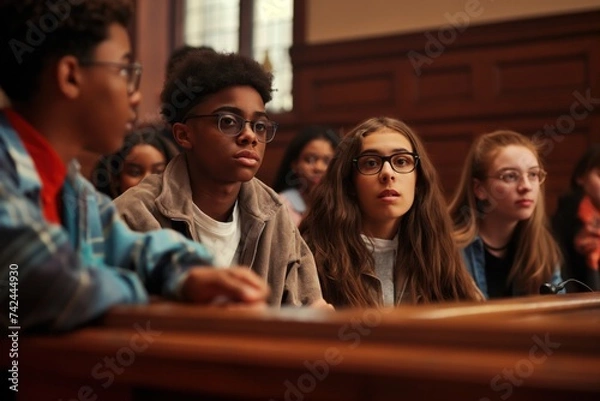 Fototapeta A group of diverse teenagers in a courtroom setting, facing a judge with expressions of hope and anxiety, a concerned lawyer by their side, engaging in a crucial conversation about their future
