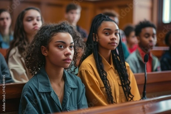 Fototapeta A group of diverse teenagers in a courtroom setting, facing a judge with expressions of hope and anxiety, a concerned lawyer by their side, engaging in a crucial conversation about their future