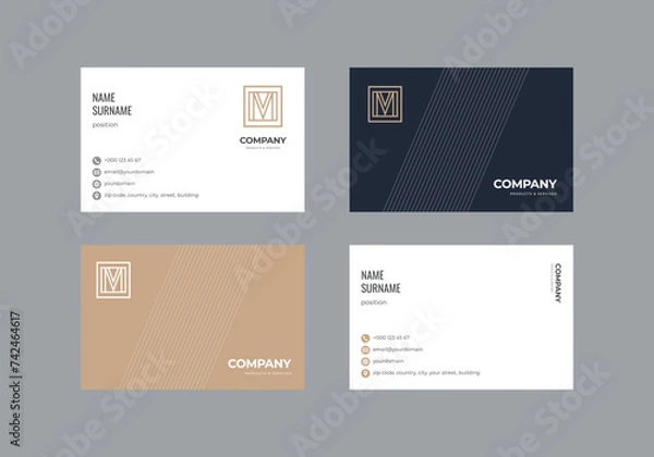 Fototapeta Premium business card with a minimalistic logo and a blue and brown background, the letter M logo in a square frame, icons for contact information