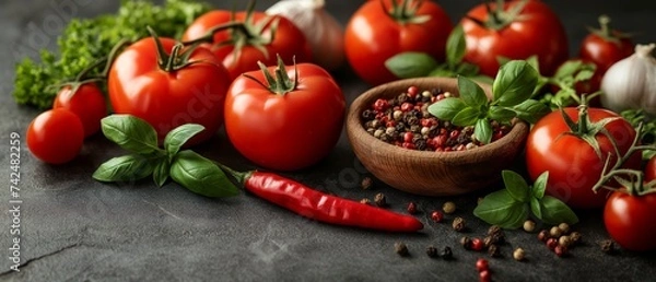 Obraz Tomatoes and basil on a dark background.