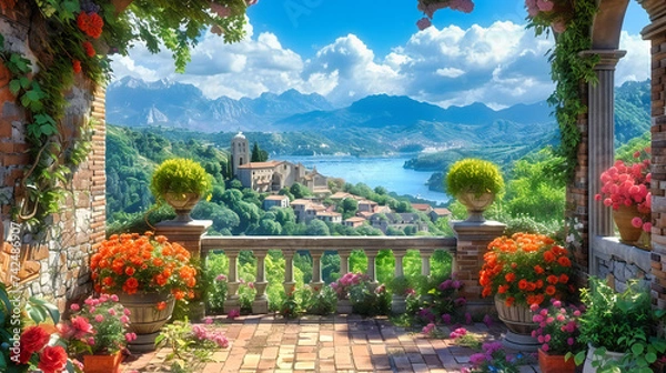Obraz Picturesque Italian lakeside village with panoramic views of mountains and lush greenery, epitomizing summer travel in Italy