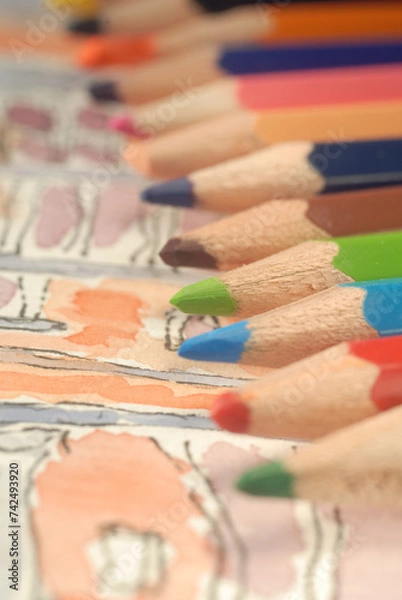 Fototapeta Watercolor colored pencils set for drawing. Shallow depth of field