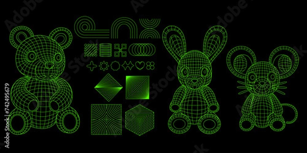 Fototapeta Acid Sticker Pack. Y2k grid wireframe neon bear, bunny, mouse with geometry shapes. Y2k retro futuristic aesthetic. Brutalist shapes for swiss minimal style design. 