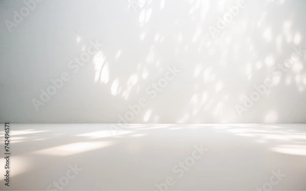 Obraz Minimalistic light background with blurred foliage shadow on a white wall. Beautiful background for presentation.