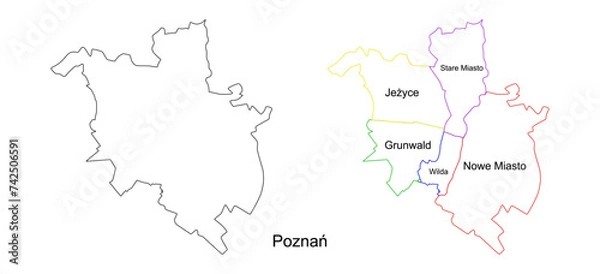 Fototapeta Vector map of Poznan and its districts. Highly detailed vector outline, black silhouette. All isolated on white background