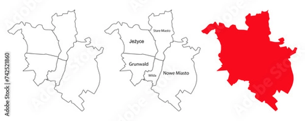 Fototapeta Map of Poznan and its districts. Vector silhouette of the city of Poznan