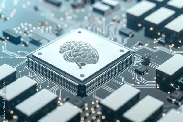 Obraz AI Brain Chip microservice. Artificial Intelligence future human artificial intelligence mind circuit board. Neuronal network radar system smart computer processor eeg