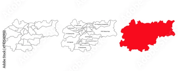 Fototapeta Map of Krakow and its districts. Vector silhouette of the city of Krakow