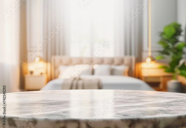 Fototapeta Empty marble stone table in front of blurred bedroom interior background, can be used mock up for montage products display or design layout.