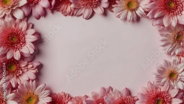 Fototapeta Background of pink flowers with empty space for text or greeting card design