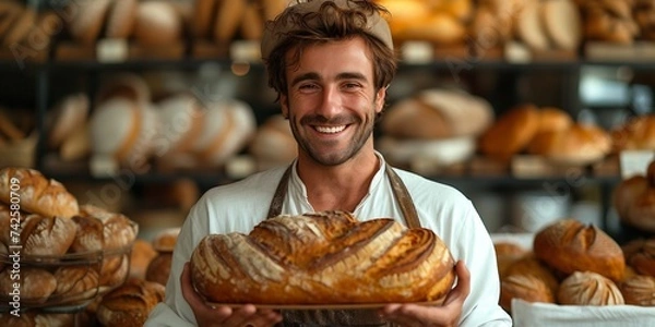 Fototapeta Cheerful and professional baker proudly displaying a crusty loaf of freshly baked bread in a bakery.