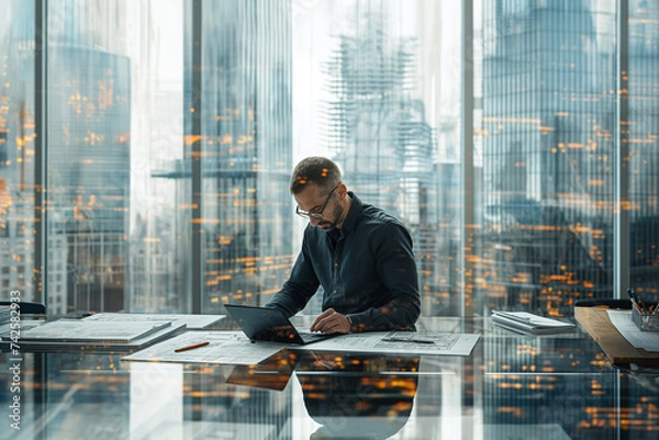Fototapeta Engineering Consulting People on construction site holding tablet in his hand. Management in business workflow and Building inspector with BIM technology in Construction Projec