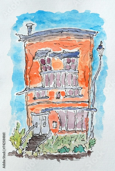Fototapeta House sketch created with liner and watercolors. Color illustration on watercolor paper