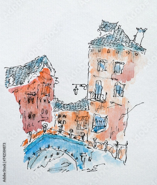 Fototapeta House sketch created with liner and watercolors. Color illustration on watercolor paper