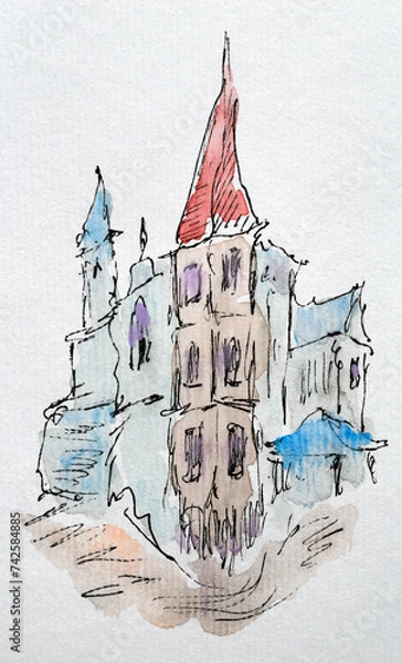 Fototapeta House sketch created with liner and watercolors. Color illustration on watercolor paper