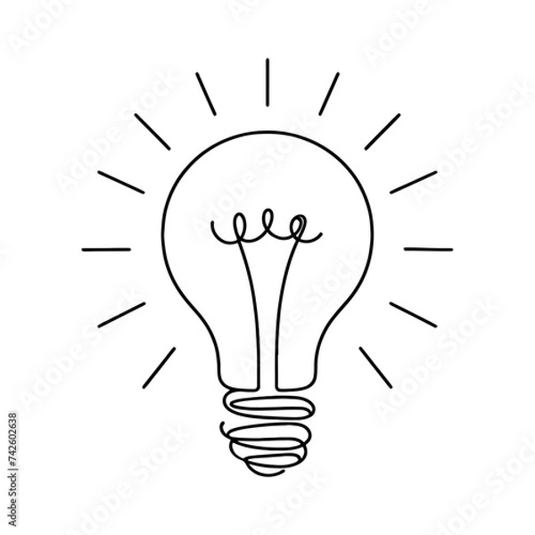 Obraz Light bulb continuous line vector illustration with editable stroke. Single line art of light bulb for business idea, brainstorm or electricity concept. Simple hand drawn outline silhouette.