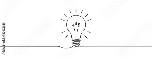 Obraz Light bulb continuous line vector illustration with editable stroke. Single line art of light bulb for business idea, brainstorm or electricity concept. Simple hand drawn outline silhouette.