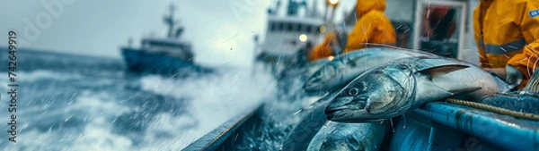 Obraz Fishing industry in the Atlantic and Northern Oceans. Unloading Freshly Caught Fish, motion blur background.