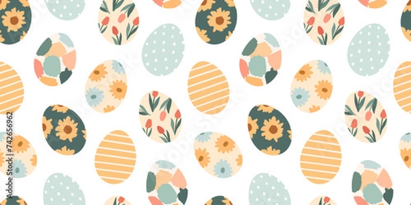 Fototapeta Seamless pattern with Easter colored eggs. Spring hand-drawn abstract illustration