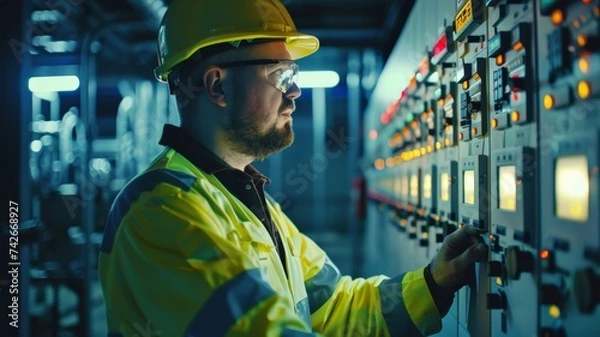 Obraz Maintenance engineers inspect relay protection system.