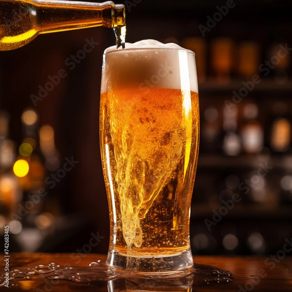 Fototapeta Draft cold beer poured in glass from bottle, Draught beer