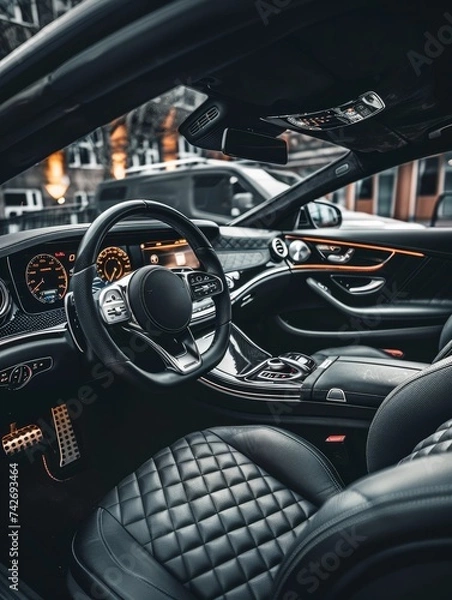 Fototapeta The rich texture of black leather seats inside a luxury car is highlighted by intricate patterns and elegant contours. The overall design speaks to comfort and high-end craftsmanship.