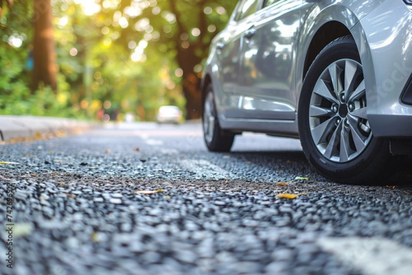 Fototapeta Close-up of a silver car's front wheel parked on an asphalt road, surrounded by trees with sunlight filtering through..