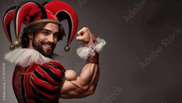 Fototapeta A smiling man wearing a jester joker costume and flexing his bicep muscle on plain background