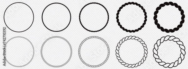 Fototapeta Round rope curve symbol set. Different thickness circular ropes set for decoration. Vector isolated on transparent background.

