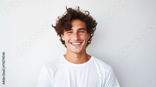 Fototapeta Happy smiling young adult man on a solid background