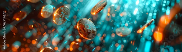 Fototapeta Golden bitcoins falling against a vibrant teal bokeh background, depicting cryptocurrency concept.
