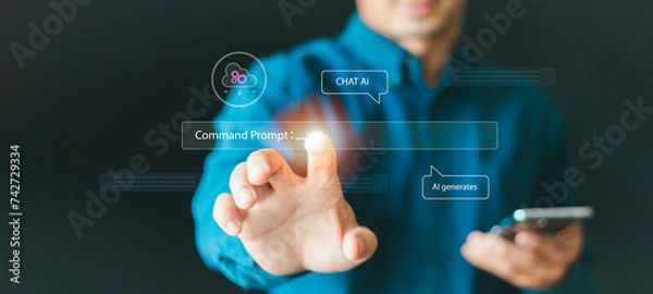 Fototapeta Chat with AI, generates, imagine prompt, businessman show virtual graphic Global Internet connect, Artificial Intelligence, using command for generates something, Futuristic technology transformation