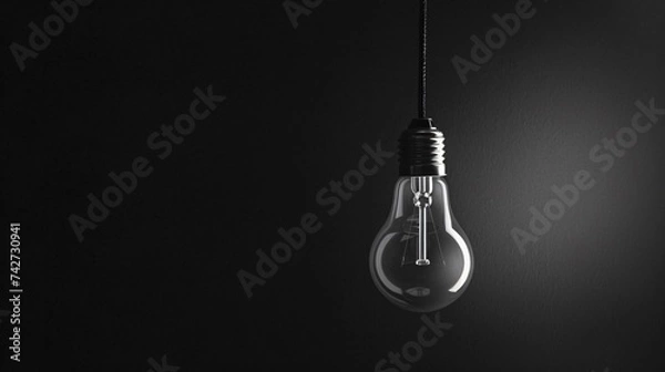 Fototapeta Dimly lit lightbulb against a pitch black background highlighting the contrast between light and shadow