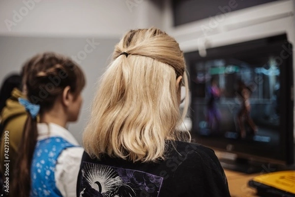 Obraz Girl playing a video game computer having fun