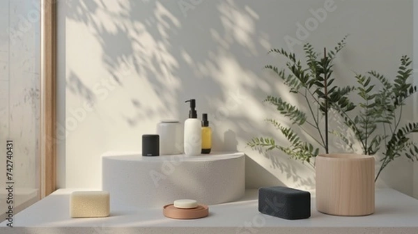 Fototapeta A collection of personal care products like shampoo bars, solid conditioners, and reusable makeup remover pads, displayed in a minimalist bathroom. 8k