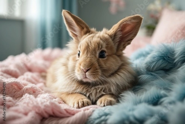 Fototapeta rabbit in a pink, blue and fluffy blanket