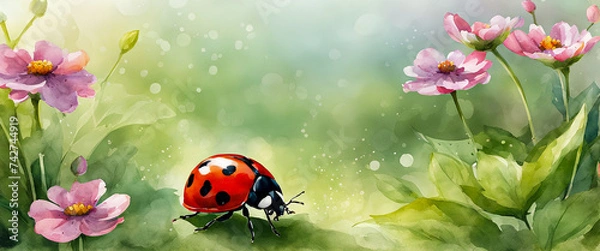 Fototapeta A pink flower in full bloom and a red ladybug in the bush. Illustration in watercolor style. Abstract watercolor painting.