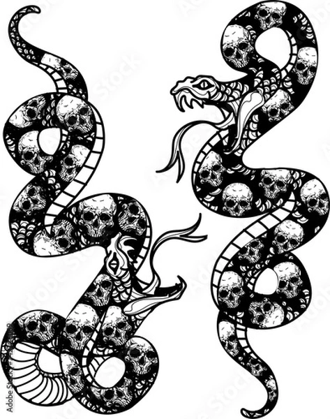 Fototapeta Tattoo art snake and skull pattern drawing and sketch black and white