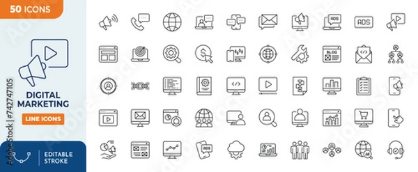 Obraz Digital Markrting Line editable icons set. Editable stroke. Vector illustration	