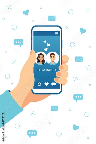 Obraz Dating service app concept on phone screen. Man hand holding smartphone. Two young people liked each other. Their interest coincided. Virtual relationship, acquaintance in social network. 