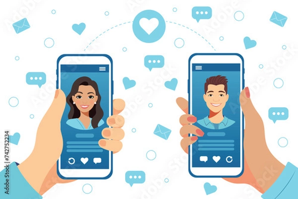 Obraz Dating service app concept on phone screen. Man and woman holding smartphones with each other profile. Virtual relationship, acquaintance in social network. Vector illustration in flat style.