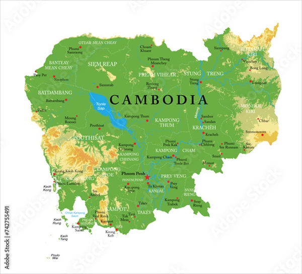 Obraz Cambodia-highly detailed physical map