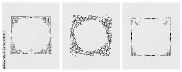 Fototapeta Hand drawn vector abstract outline,graphic,line vintage baroque ornament floral frame in calligraphic elegant modern style.Baroque floral vintage outline design concept.Vector antique frame isolated.